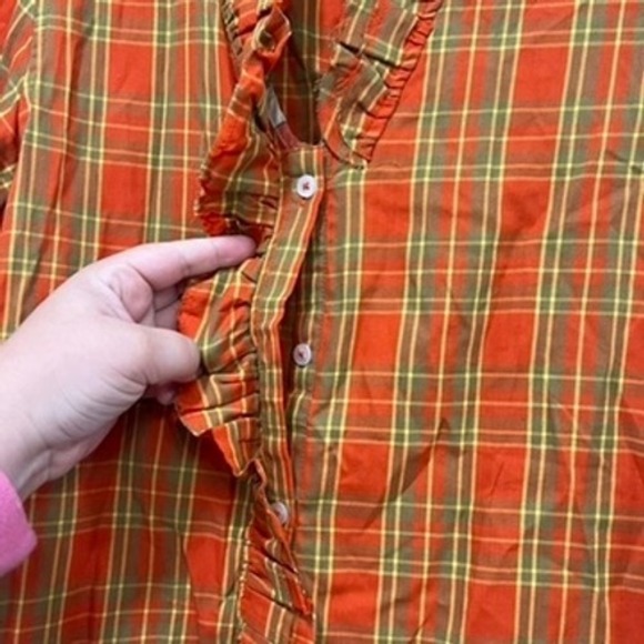 Tizzie Womens Shirt Small Orange Plaid‎ Button Front Ruffle Cotton Long Sleeve - Picture 3 of 6